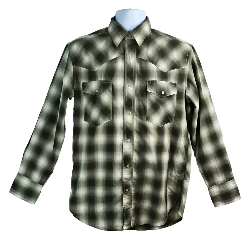 Wrangler Men's XL Green White Plaid Western Shirt Long Sleeve Cotton